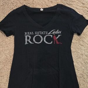 Black Tee with Rhinestone Rock Design